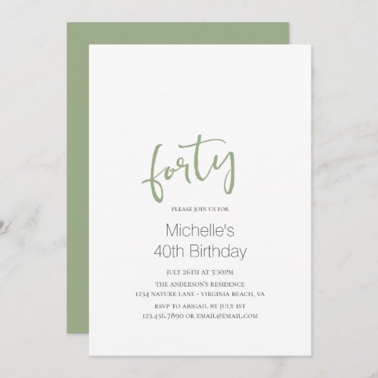 Sage Green Trendy Modern minimalist 40th Birthday Kaart (Voorkant / Achterkant)