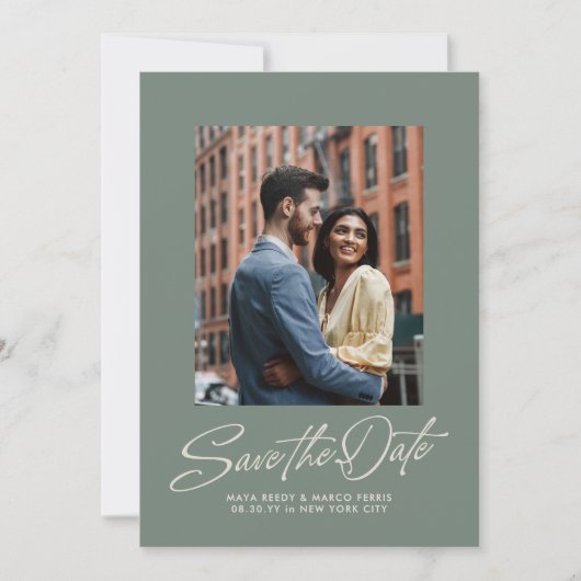 Sage green trendy script two photo wedding save the date (Voorkant)