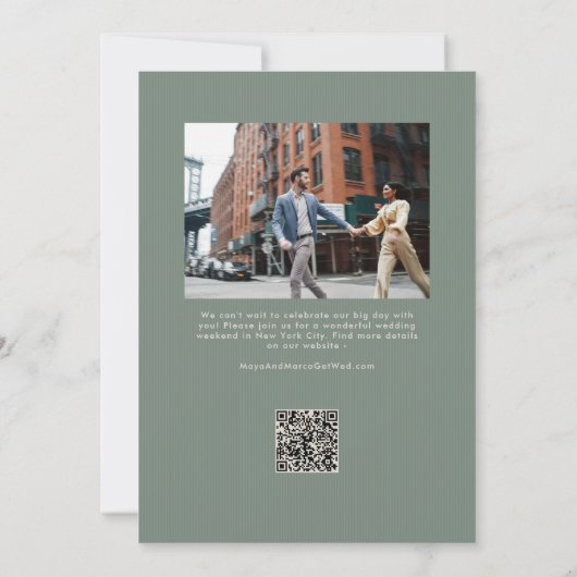 Sage green trendy script two photo wedding save the date (Achterkant)