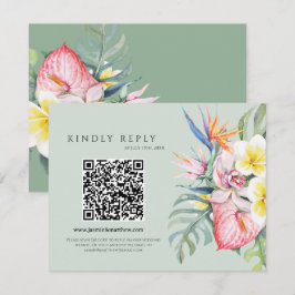 Sage Green Tropical Floral Hawaii QR Code Wedding RSVP Kaartje