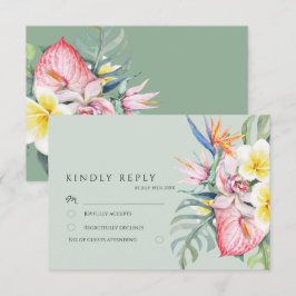 Sage Green Tropical Floral Hawaii Wedding RSVP Kaartje