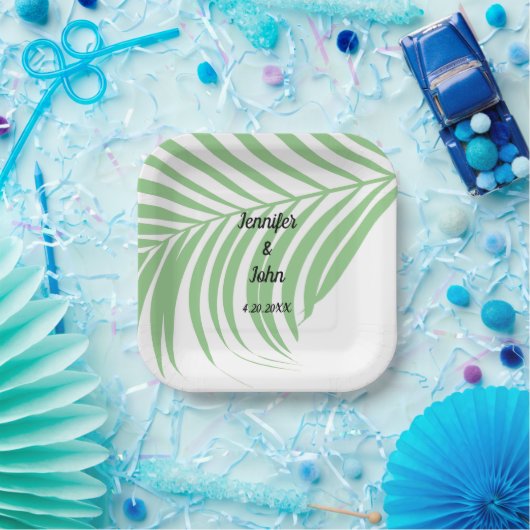 Sage Green Tropical Palm Tree Leaf Cute Wedding Papieren Bordje (Feest)
