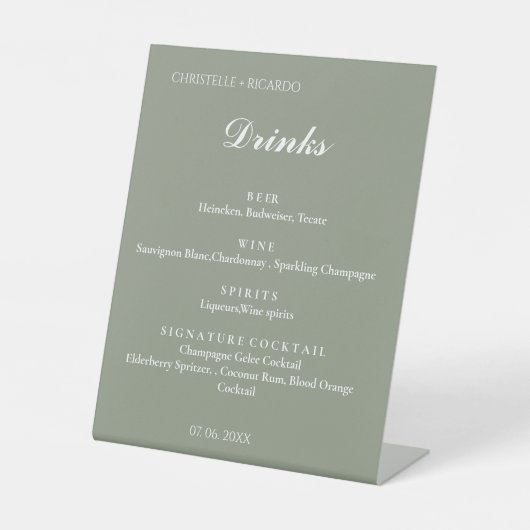 Sage green trouwbar menu, drink bruiloft reclamebord met voetstuk (Voorkant)
