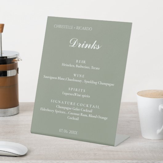 Sage green trouwbar menu, drink bruiloft reclamebord met voetstuk (Insitu)