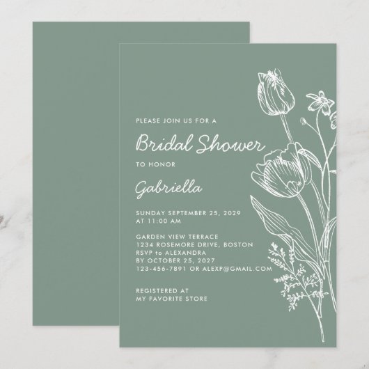 Sage Green Tulip Line Art Garden Bridal Shower Kaart (Voorkant / Achterkant)