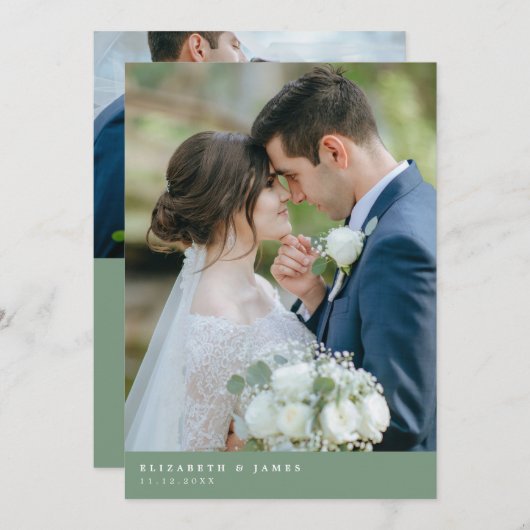 Sage Green Twee foto bruiloft Dank u kaart (Voorkant / Achterkant)