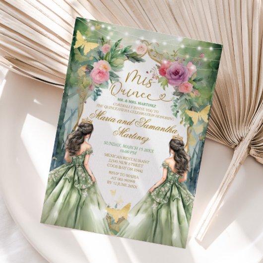 Sage Green Twin Royal Princess Forest Quinceañera Kaart