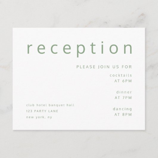 Sage Green Typografie Elegant Wedding Reception Informatiekaartje (Voorkant)