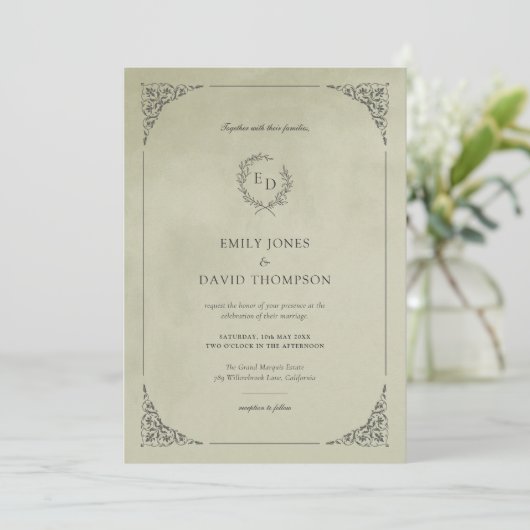 Sage Green Velvet Laurel Wreath Minimalist Wedding Kaart (Staand voorkant)