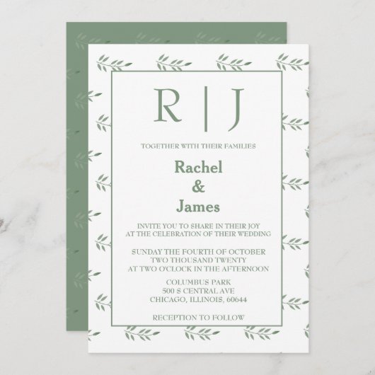 Sage Green verlaat Monogram QR Code Wedding Kaart (Voorkant / Achterkant)