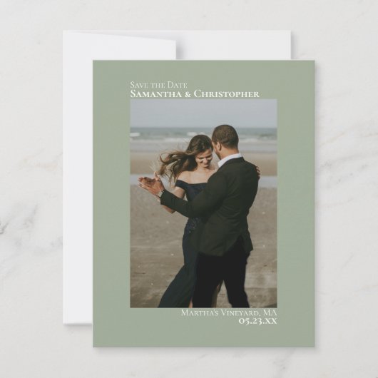 Sage Green Vertical Photo Minimalist Weddenschap Save The Date (Voorkant)