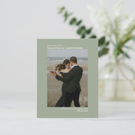 Sage Green Vertical Photo Minimalist Weddenschap Save The Date (Staand voorkant)