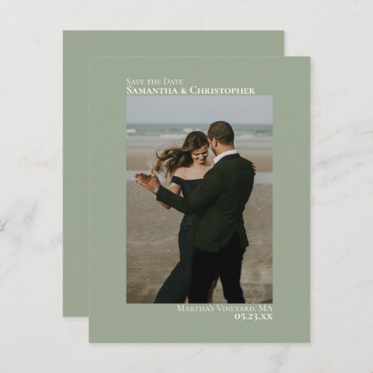 Sage Green Vertical Photo Minimalist Weddenschap Save The Date (Voorkant / Achterkant)