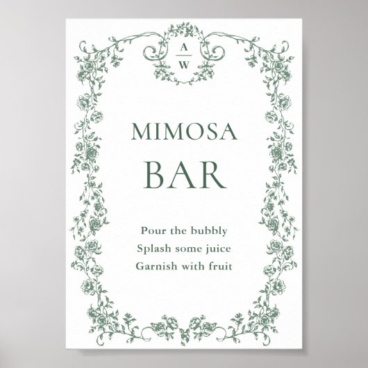 Sage Green Victoriaans  Bloemen Mimosa Bar Sign Poster (Voorkant)