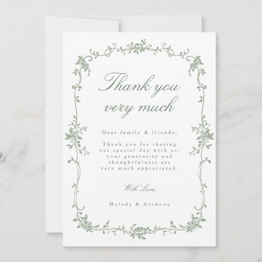 Sage Green Victoriaans Franse Bloemen Trouwfoto Bedankkaart (Voorkant)