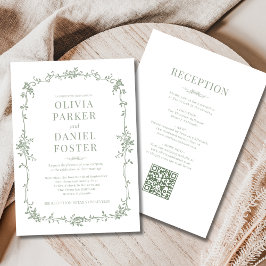 Sage Green Victorian QR Code All in One Wedding  Kaart