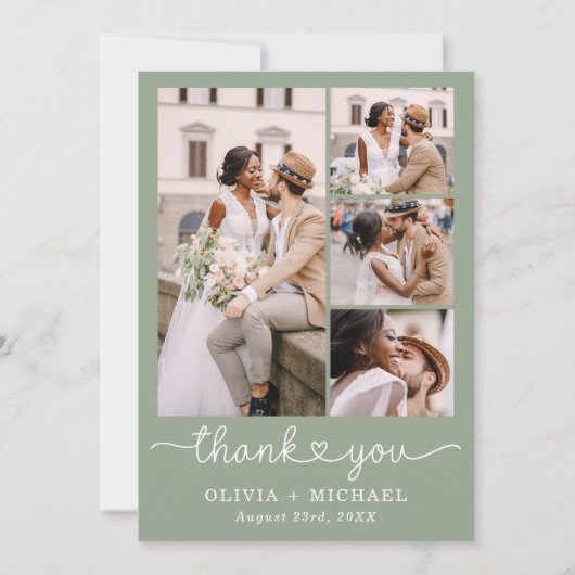 Sage Green Vier Fotocollage Script Wedding Bedankkaart (Voorkant)