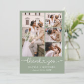 Sage Green Vier Fotocollage Script Wedding Bedankkaart (Staand voorkant)