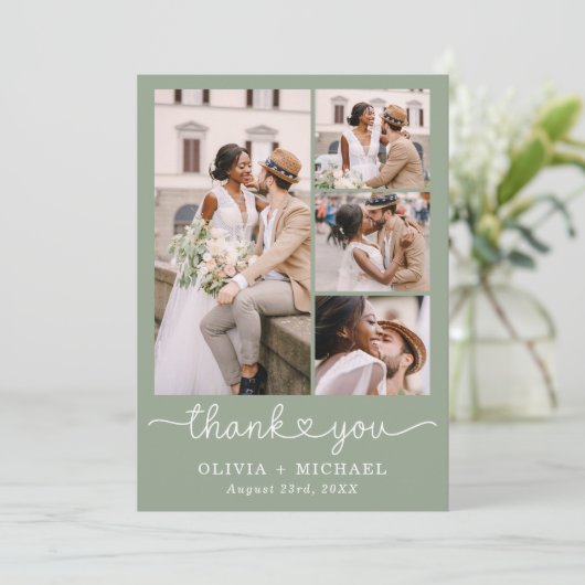 Sage Green Vier Fotocollage Script Wedding Bedankkaart (Staand voorkant)