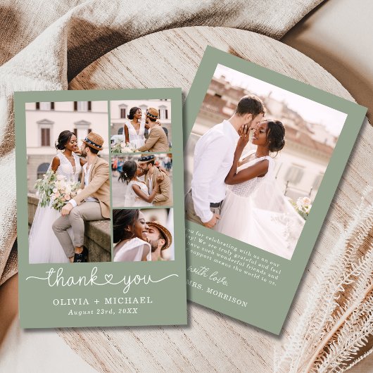 Sage Green Vier Fotocollage Script Wedding Bedankkaart