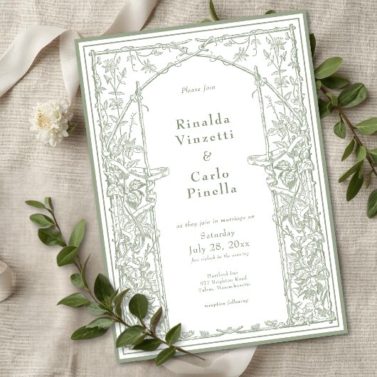 Sage Green Vintage Botanical Trellis Arch Wedding Kaart