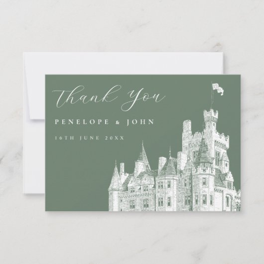 Sage Green Vintage Castle Destination Wedding  Bedankkaart (Voorkant)