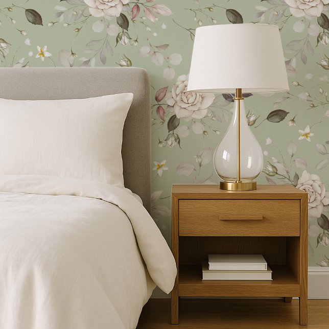 Sage Green Vintage Rose Botanical Behang (Creator heeft geüpload)