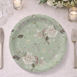 Sage Green Vintage Rose Floral Dinner Papieren Bordje