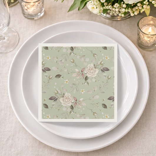 Sage Green Vintage Rose Floral Servet