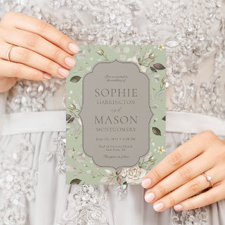 Sage Green Vintage Rose Wedding Invitation Kaart