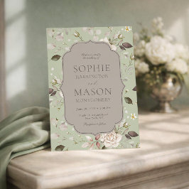Sage Green Vintage Rose Wedding Invitation Kaart