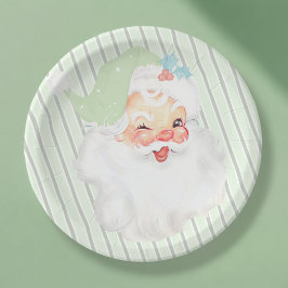 Sage Green Vintage Winking Santa Kerstparty Papieren Bordje