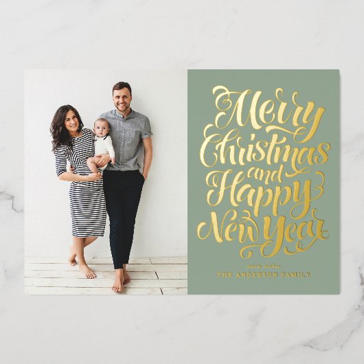 Sage Green Vrolijk Kerstfeest & Gelukkig Nieuwjaar Folie Feestdagenkaart (Voorkant)
