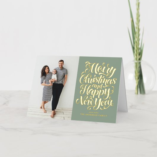 Sage Green Vrolijk Kerstfeest & Gelukkig Nieuwjaar Folie Feestdagenkaart (Voorkant)