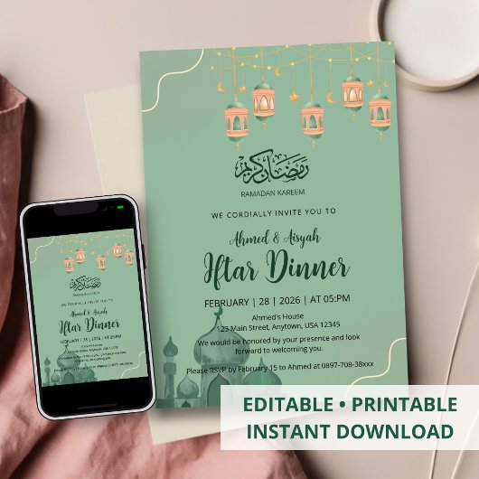 Sage Green Watercolor Mosque Iftar Dinner Kaart