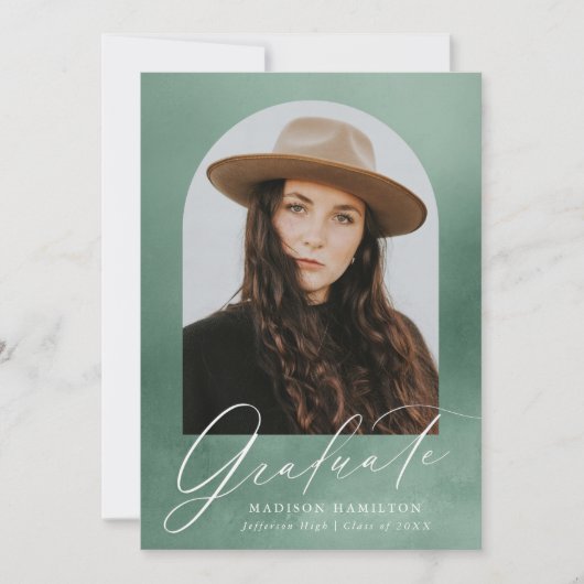 Sage Green Waterverf Arch 7 Foto Afstuderen Aankondiging (Voorkant)