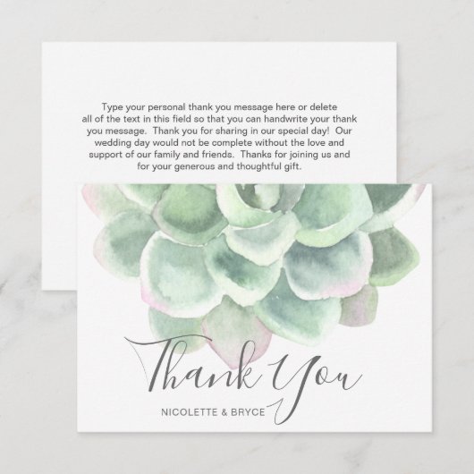 Sage Green Waterverf Botanisch Succulent Weddensch Bedankkaart (Voorkant / Achterkant)