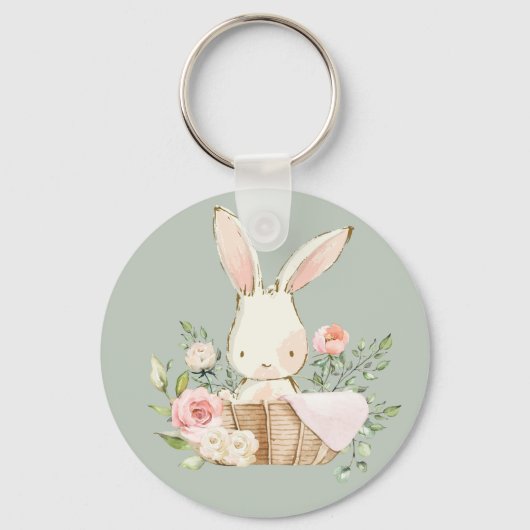 Sage Green Waterverf Bunny Rabbit Woodland Sleutelhanger (Voorkant)