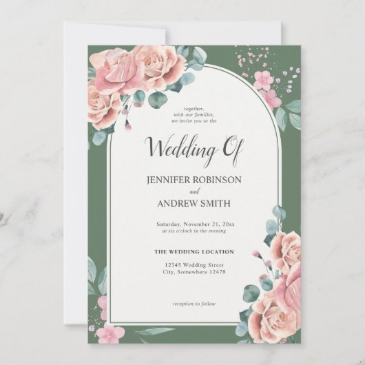 Sage Green Waterverf Floral Wedding Kaart (Voorkant)