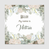 Sage Green Waterverf Flowers Large Square Naamplaatje (Voorkant)