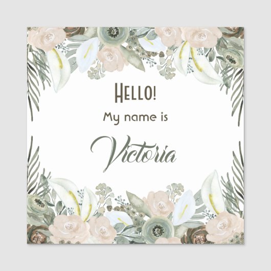 Sage Green Waterverf Flowers Large Square Naamplaatje (Voorkant)