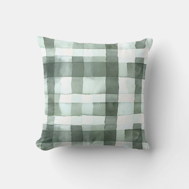 Sage Green Waterverf Geruit Sierkussen (Voorkant)