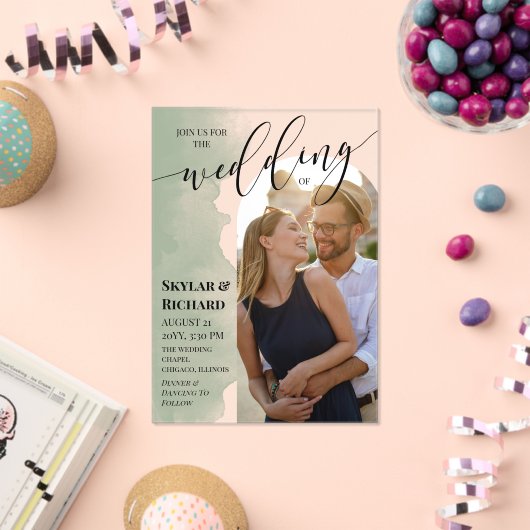 Sage Green Waterverf Join Us Arch Fotobruiloft Acryl Uitnodigingen (Insitu (Viering))