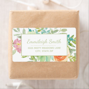 Sage Green Waterverf laat roze Oranje bloemen Etiket
