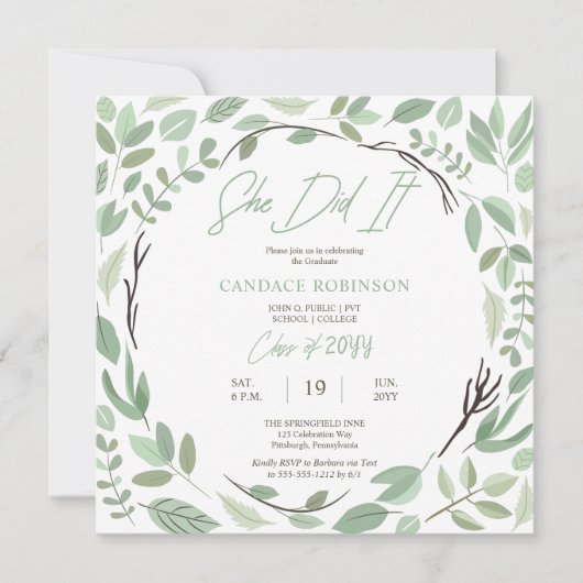 Sage Green Waterverf Leaf Lijst Graduation Party Kaart (Voorkant)