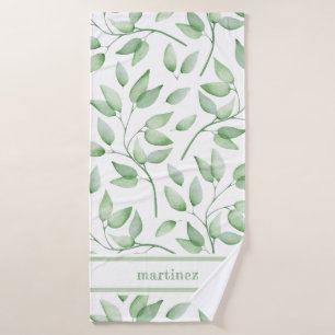 Sage Green Waterverf Leaves en Name Badhanddoek