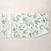 Sage Green Waterverf Leaves en Name Badhanddoek (Badhanddoek)