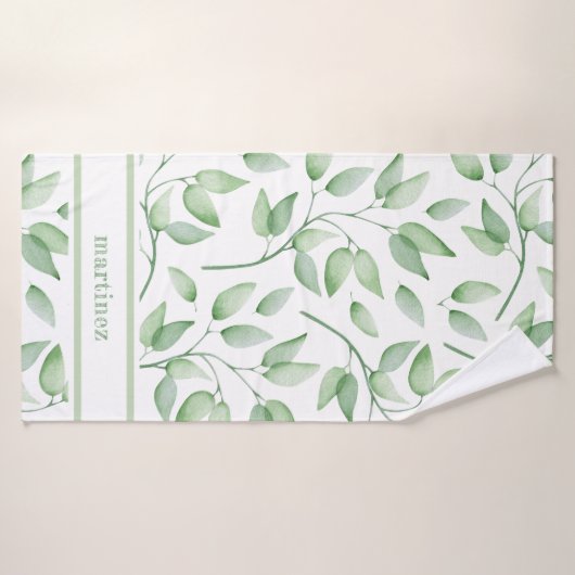 Sage Green Waterverf Leaves en Name Badhanddoek (Badhanddoek)