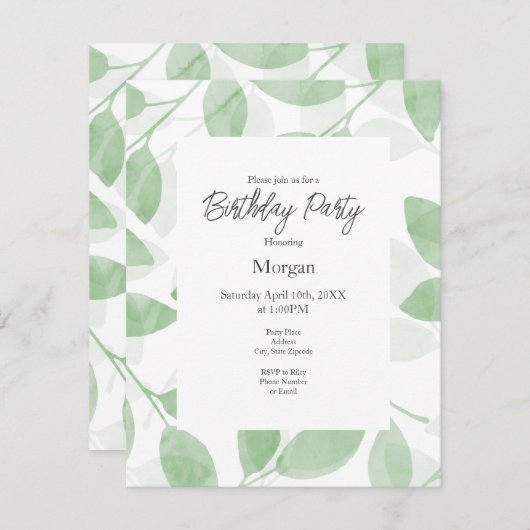 Sage Green Waterverf Leaves Kaart (Voorkant / Achterkant)