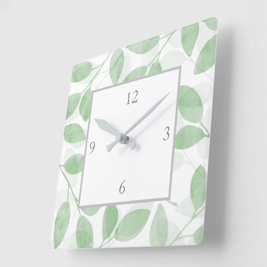 Sage Green Waterverf Leaves Vierkante Klok (Hoek)